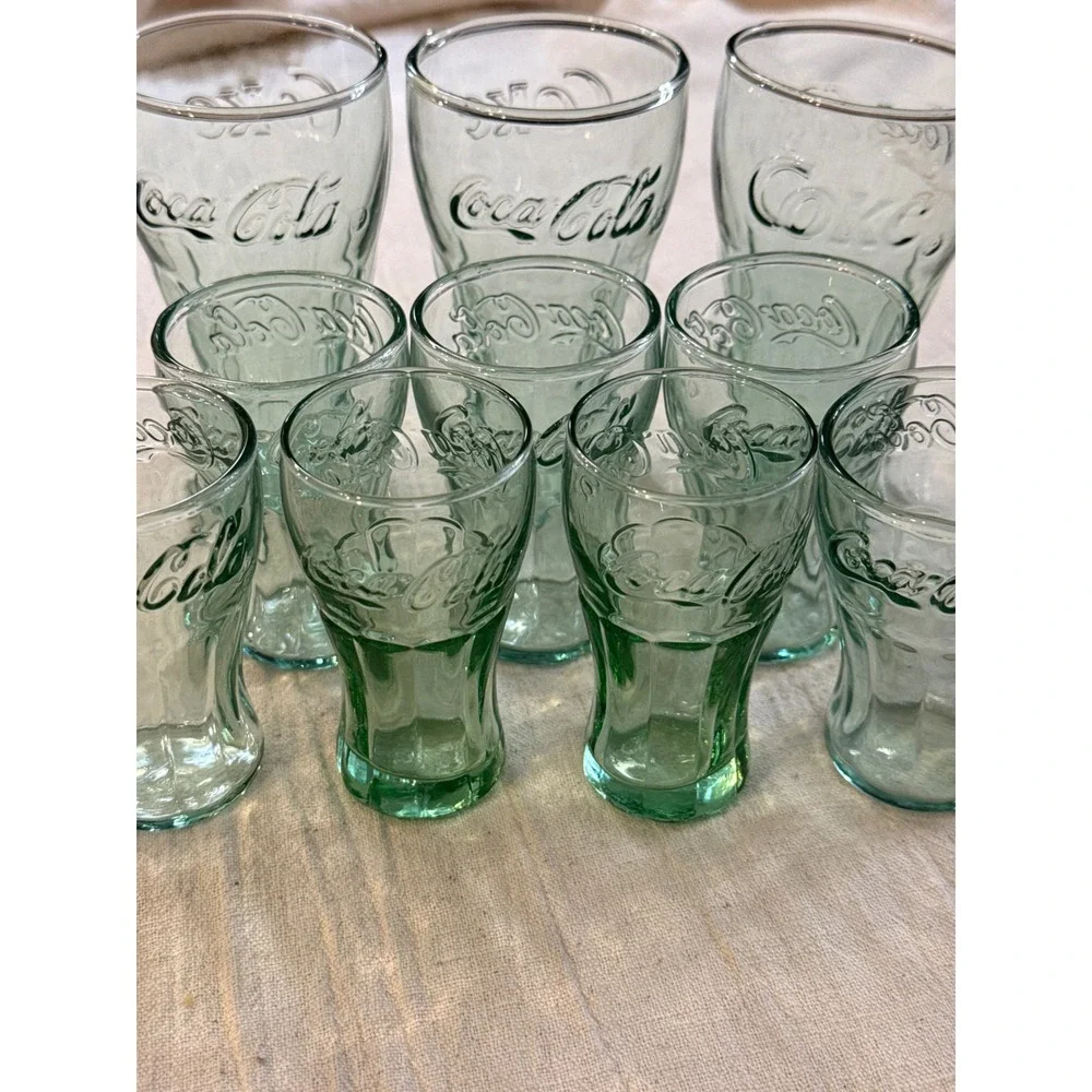 Vintage Coca-Cola Georgia Green Glass Tumblers Set of 9 Mixed Sizes Embossed